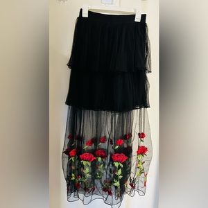 Black Sheer Ruffle Red Rose Maxi Skirt